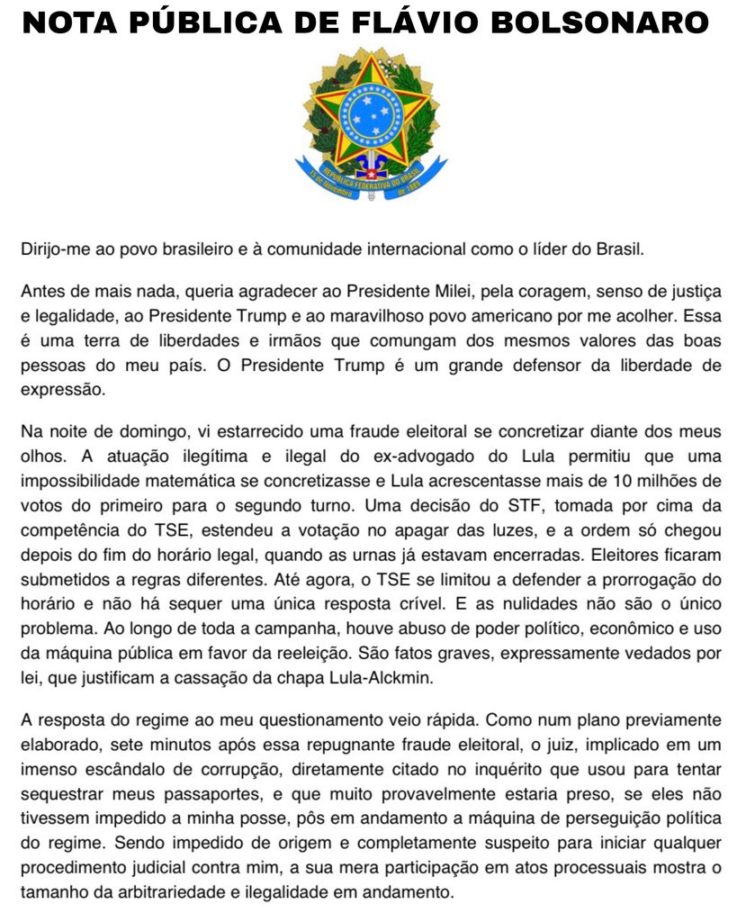 nota de Flávio Bolsonaro